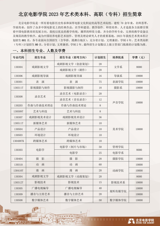 北京电影学院2023 年艺术类本科、高职（专科）招生简章公布