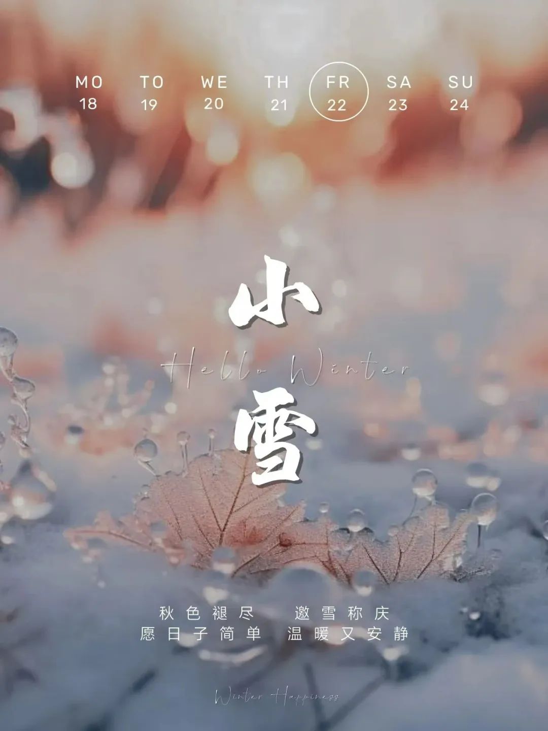 人间小雪，天地寒凉，愿有人与你围炉夜话，有人与你相守相暖，只诉温暖，不言别离，余生皆安！